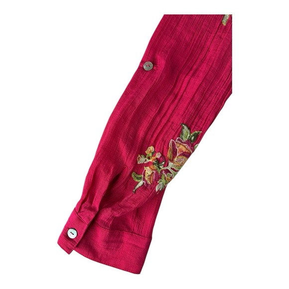 Figueroa & Flower Floral Blouse Pink Embroidered XL Button Roll‎ Tab Sleeve Fig - Picture 11 of 14